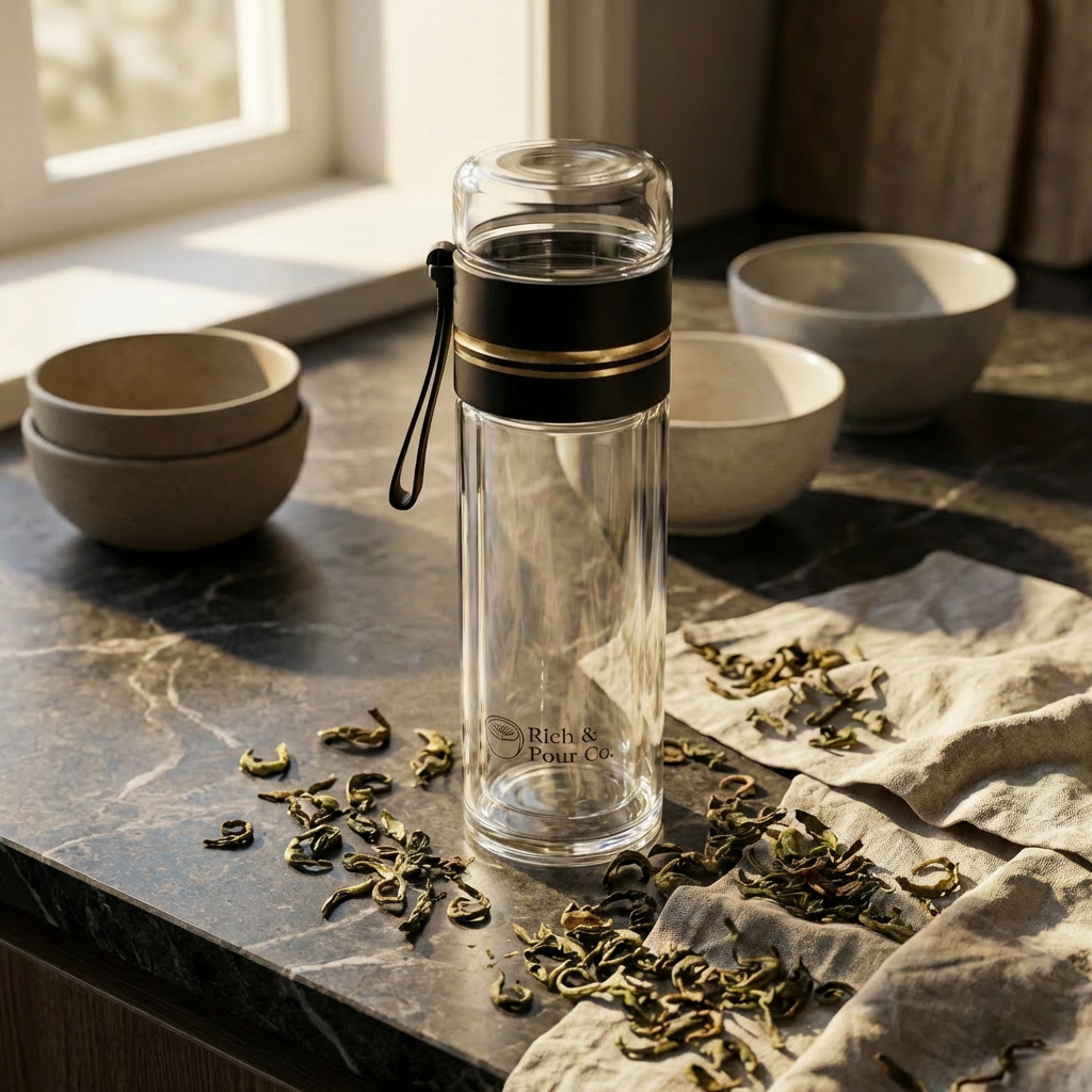 Double-Wall Glass Tea Infuser Tumbler - Leak-Proof Travel Water Bottle - Rich And Pour