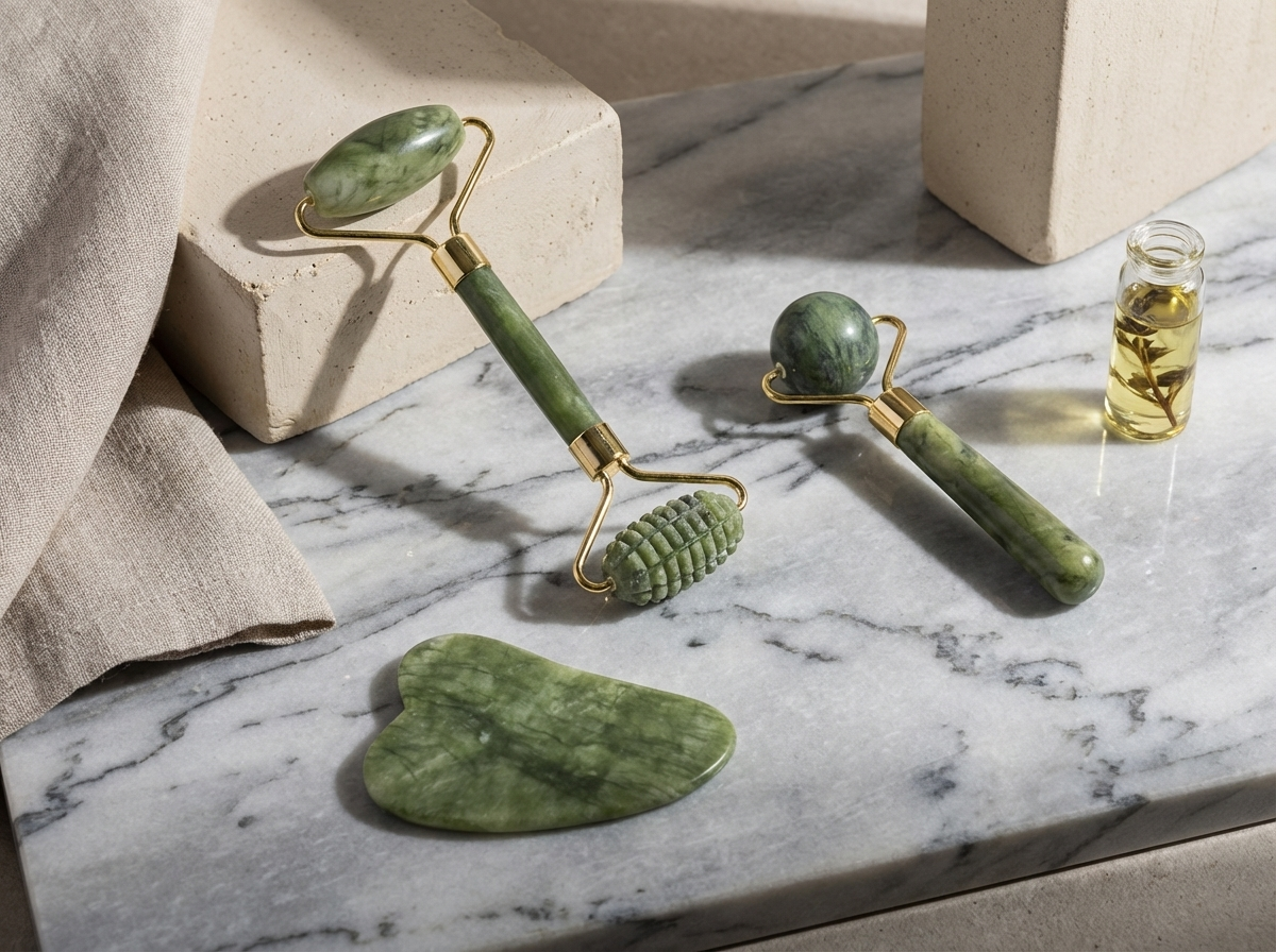 Jade Gua Sha & Face Roller 3-Piece Set – Natural Stone Facial Massage - Rich And Pour