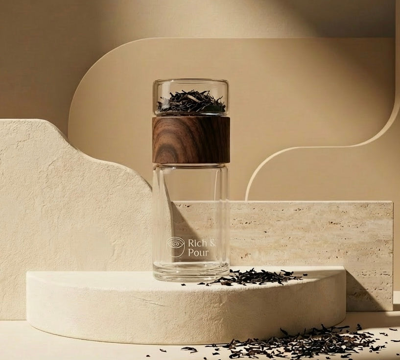 Double-Wall Glass & Wood Tea Infuser Tumbler - Leak-Proof Travel Water Bottle - Rich And Pour