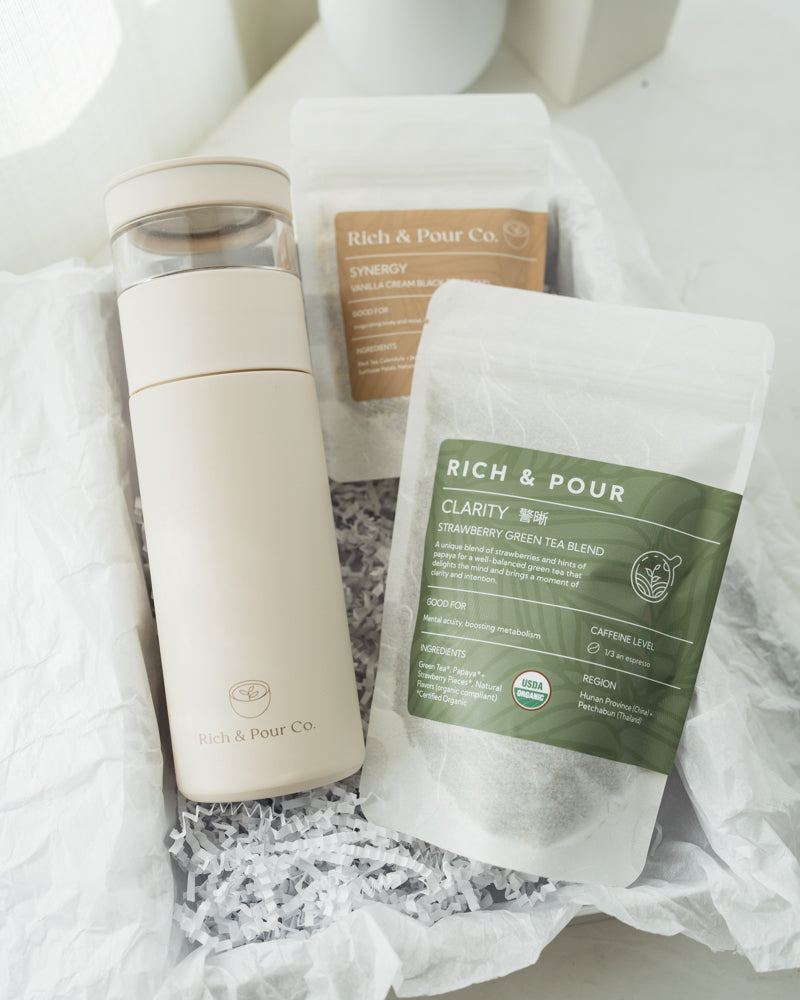 Commuter Tea Bundle – Tumbler with Infuser + 2 Teas + Tin - Rich And Pour